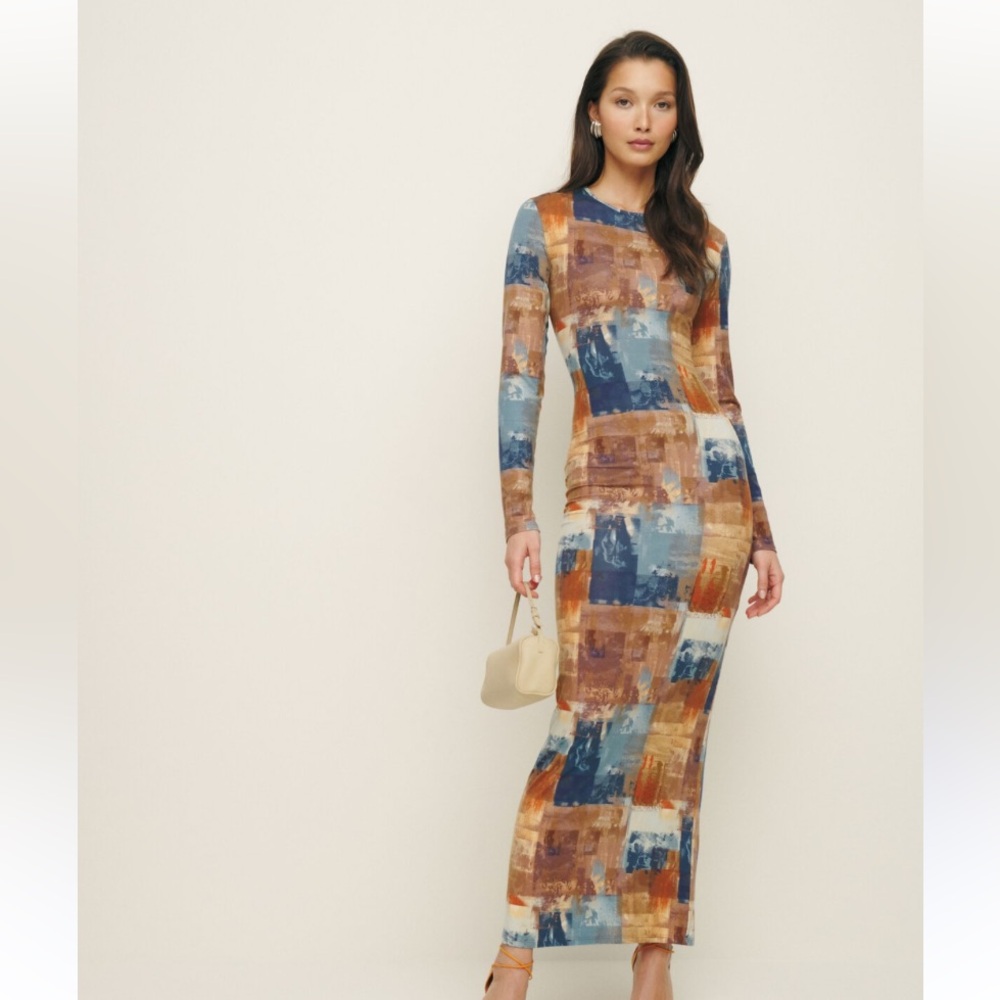 Reformation Tommie Collage Patchwork Print Maxi Dress in Blue and Brown Small